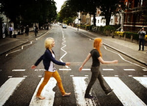 MonaLisa Twins walking across Abbey Road