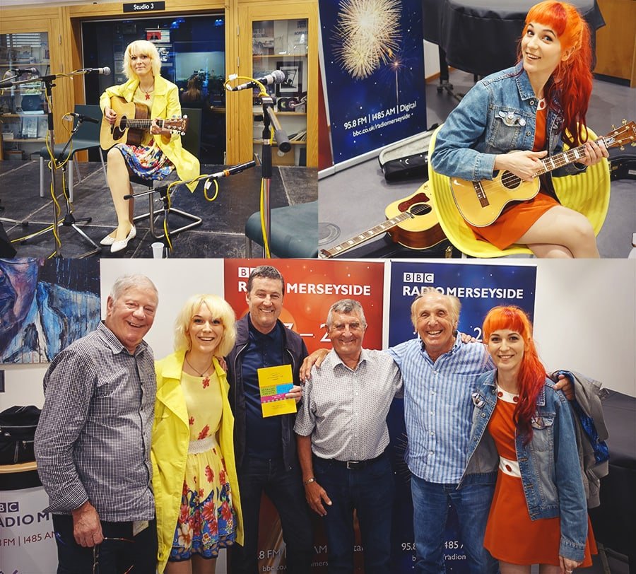 MonaLisa Twins with Billy Butler at BBC Radio Merseyside to celebrate 50 years of Sgt. Pepper